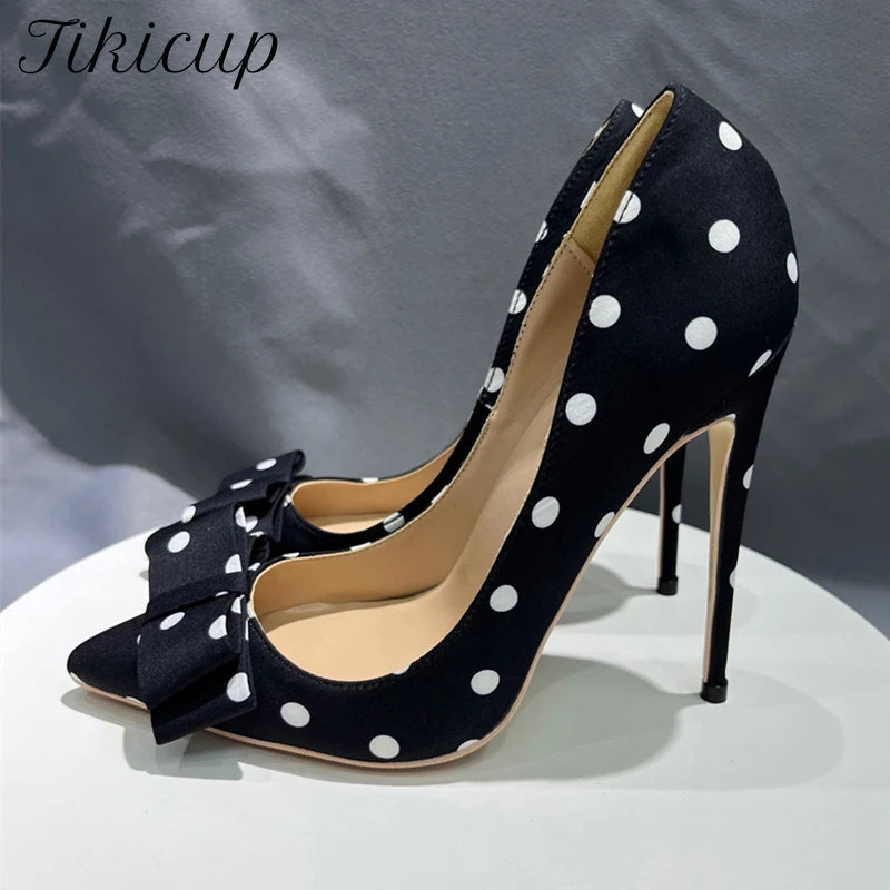 Polka Dot Satin Bow Pumps - Women's Pointed-Toe Designer Heels Handbags The