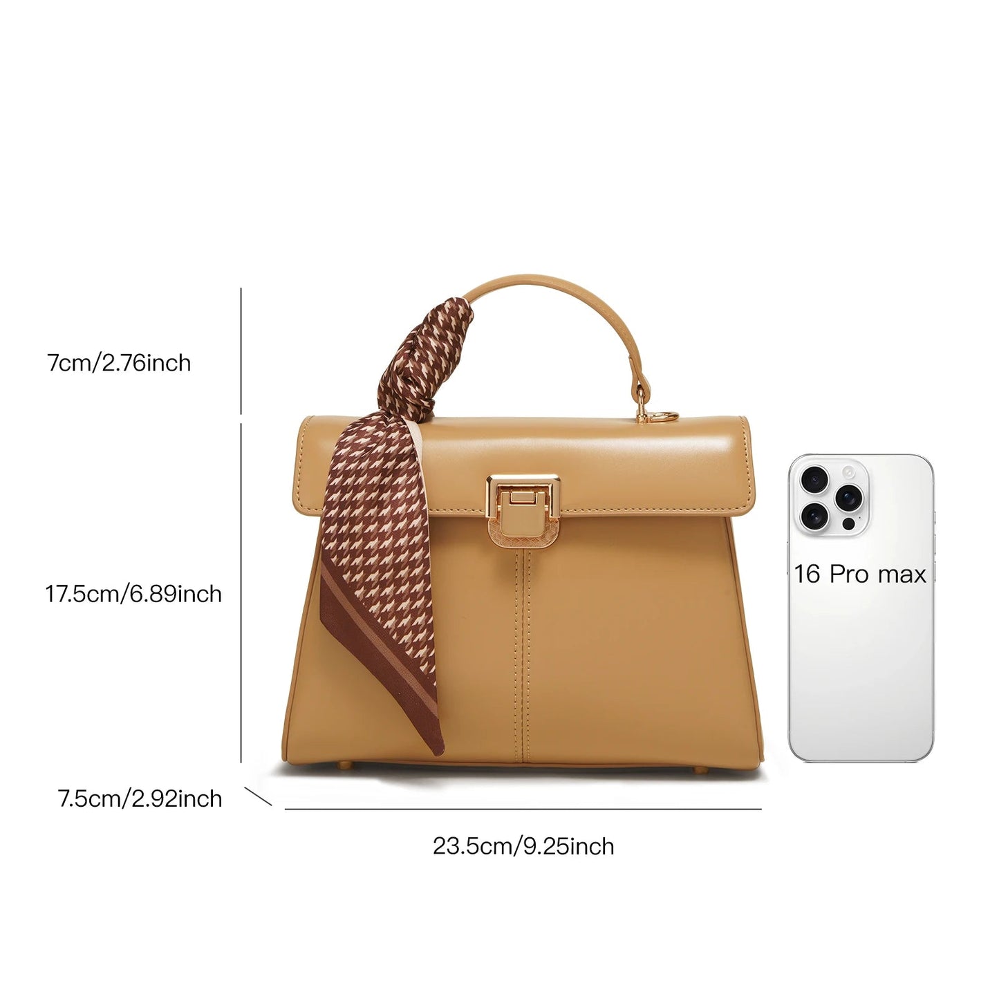 Scarf Accent Leather Handbag - Women's Structured Shoulder Bag for Commuting Handbags The