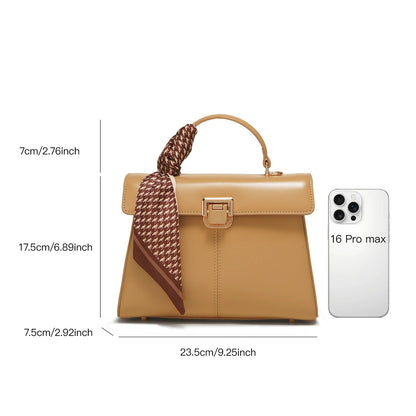 Scarf Accent Leather Handbag - Women's Structured Shoulder Bag for Commuting Handbags The