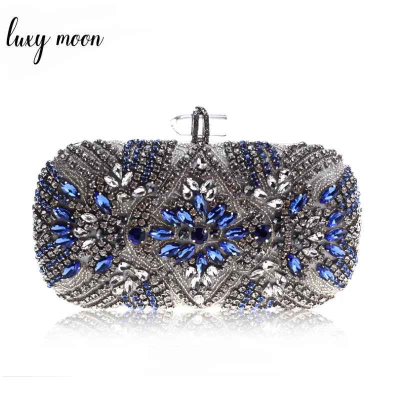 Blue Crystal Evening Clutch - Women's Chain Wedding Party Purse Handbags The