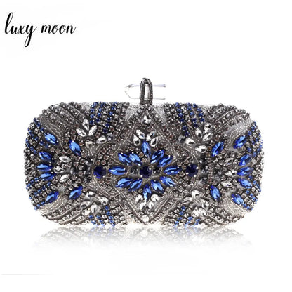 Blue Crystal Evening Clutch - Women's Chain Wedding Party Purse Handbags The