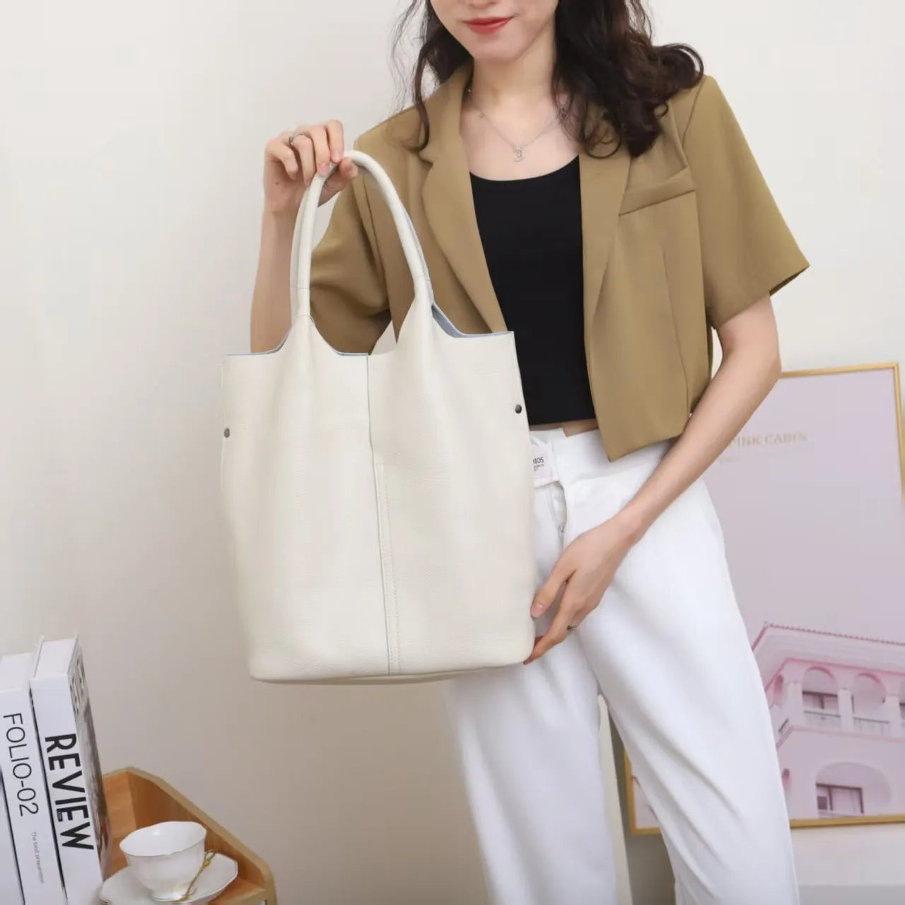 Genuine Leather Bucket Tote - Women's Commuter Shoulder Bag for Work & Weekends Handbags The