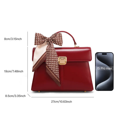 Scarf Accent Leather Handbag - Women's Structured Shoulder Bag for Commuting Handbags The