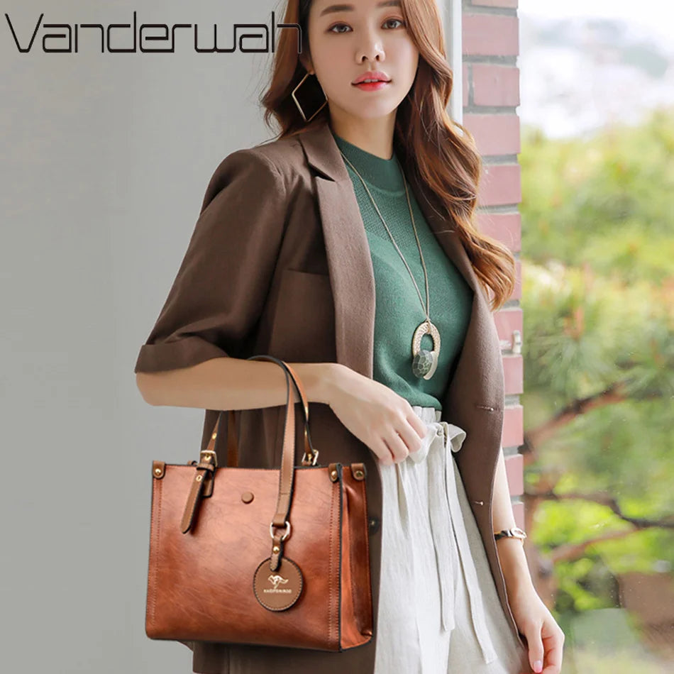 Triple-Compartment Tote Bag - Women's Vintage Leather Carryall for Daily Use Handbags The