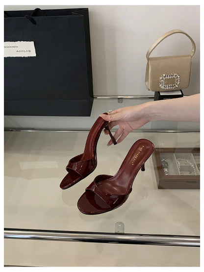 Patent Leather Open-Toe Mule Heels - Women's Slip-On Sandals for Summer Evenings Handbags The