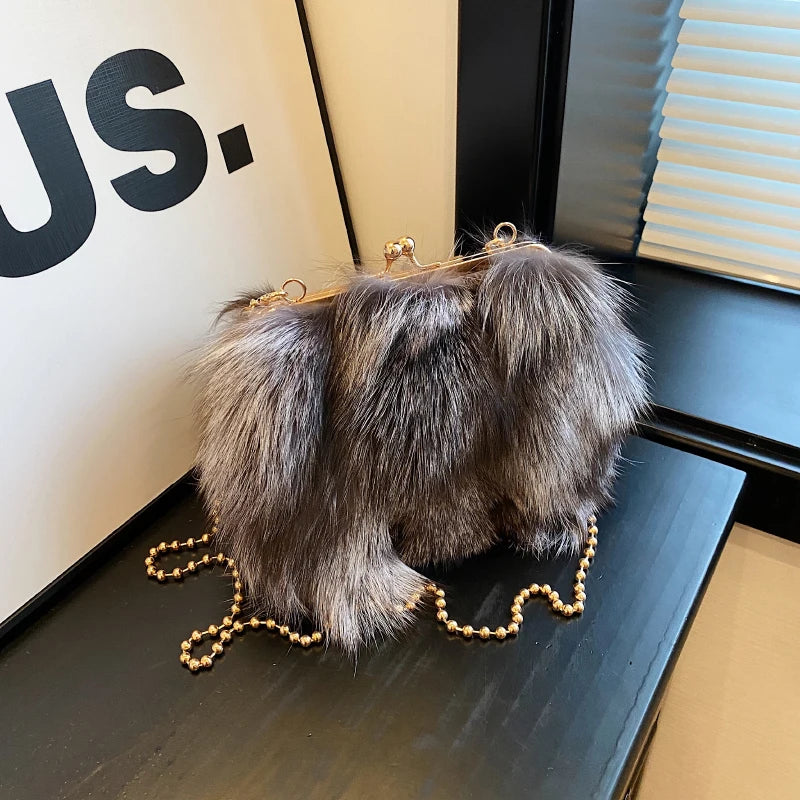 Plush Faux Fur Evening Bag - Women's Chain Crossbody Dinner Clutch Handbags The