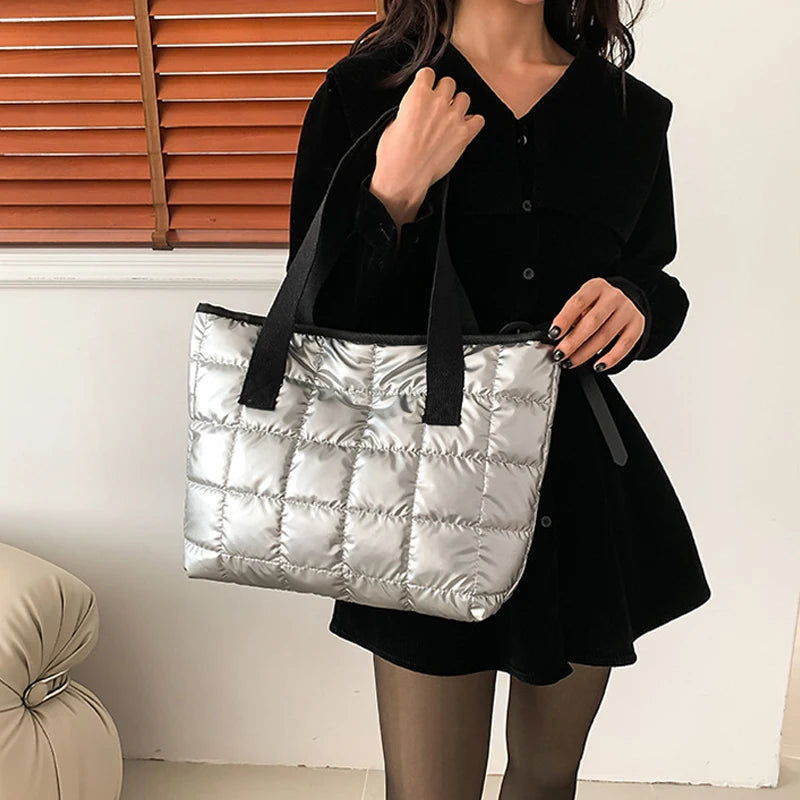 Quilted Padded Tote Bag - Women's Large-Capacity Lightweight Shoulder Shopper Handbags The