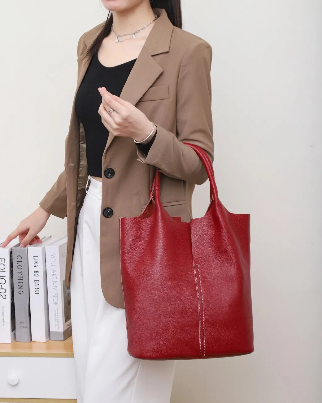 Genuine Leather Bucket Tote - Women's Commuter Shoulder Bag for Work & Weekends Handbags The