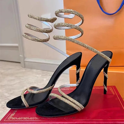 Crystal Snake Wrap Gladiator Heels - Women Party Sandals